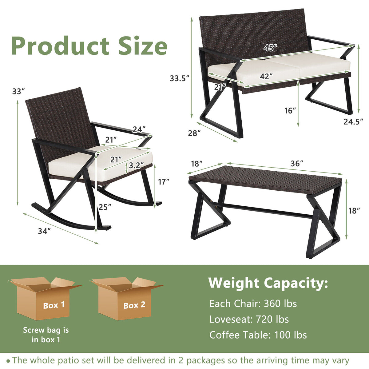 4 Pieces Rattan Patio Rocking Furniture Set with Loveseat and Coffee