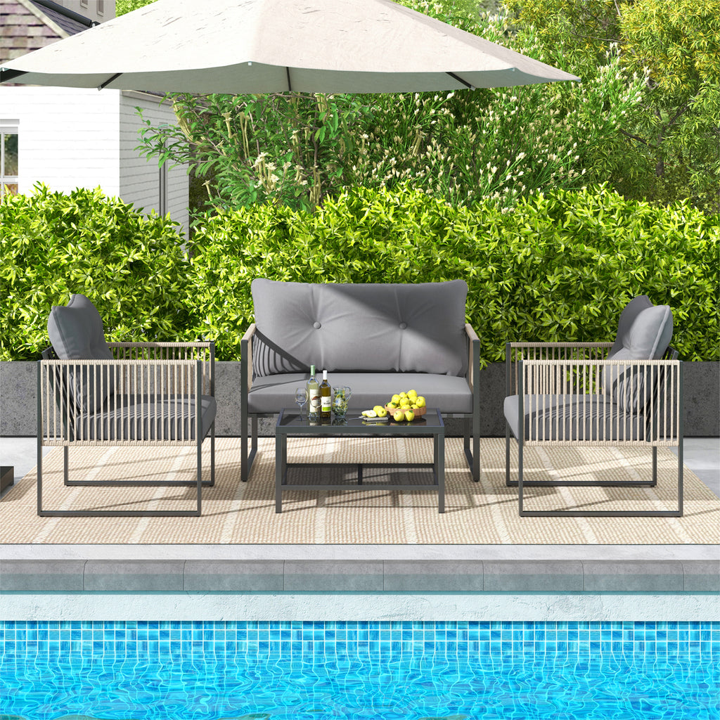 4 Pieces Outdoor PE Rattan Conversation Sofa Set with Cushions