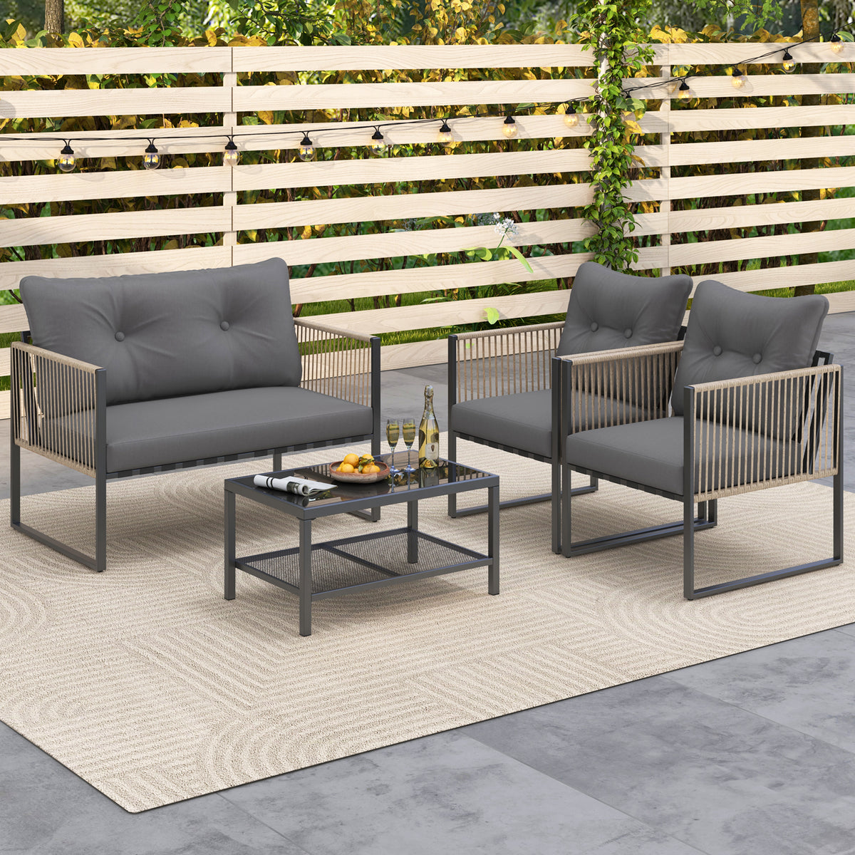 4 Pieces Outdoor PE Rattan Conversation Sofa Set with Cushions
