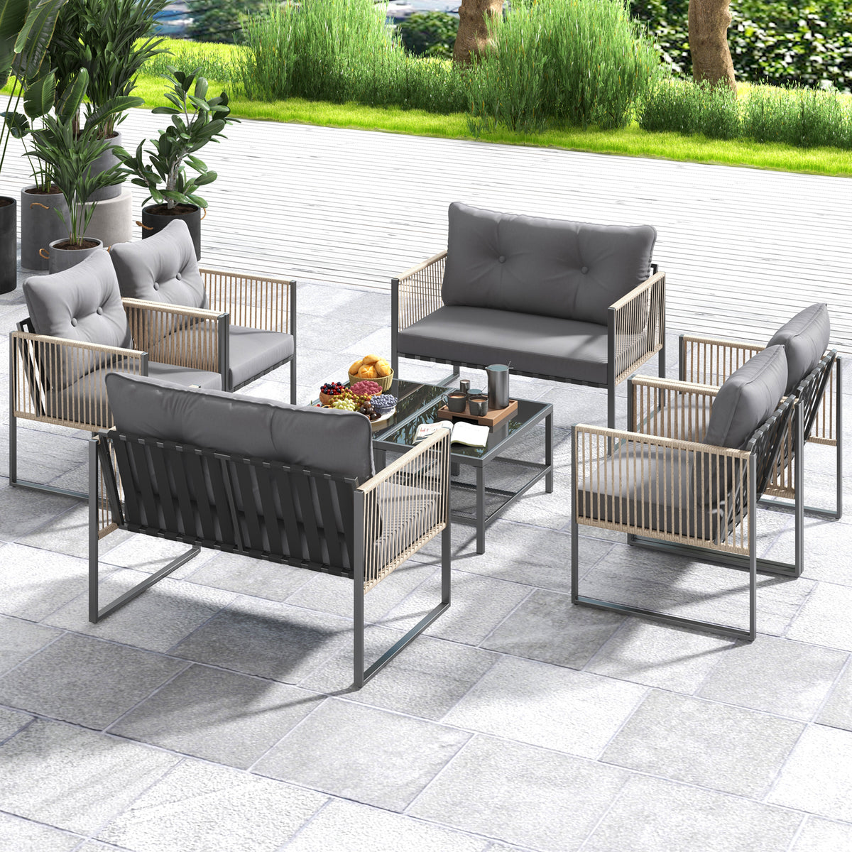 4 Pieces Outdoor PE Rattan Conversation Sofa Set with Cushions