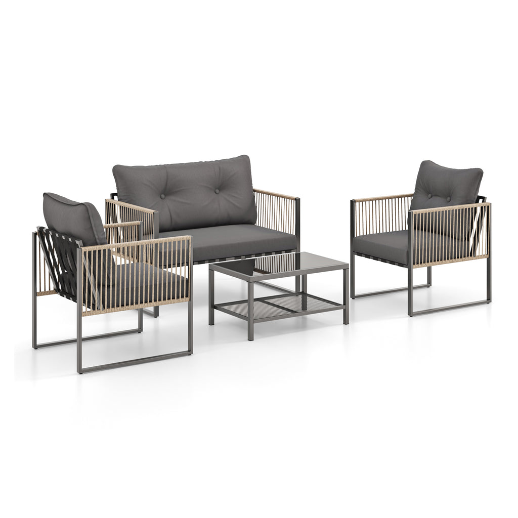 4 Pieces Outdoor PE Rattan Conversation Sofa Set with Cushions