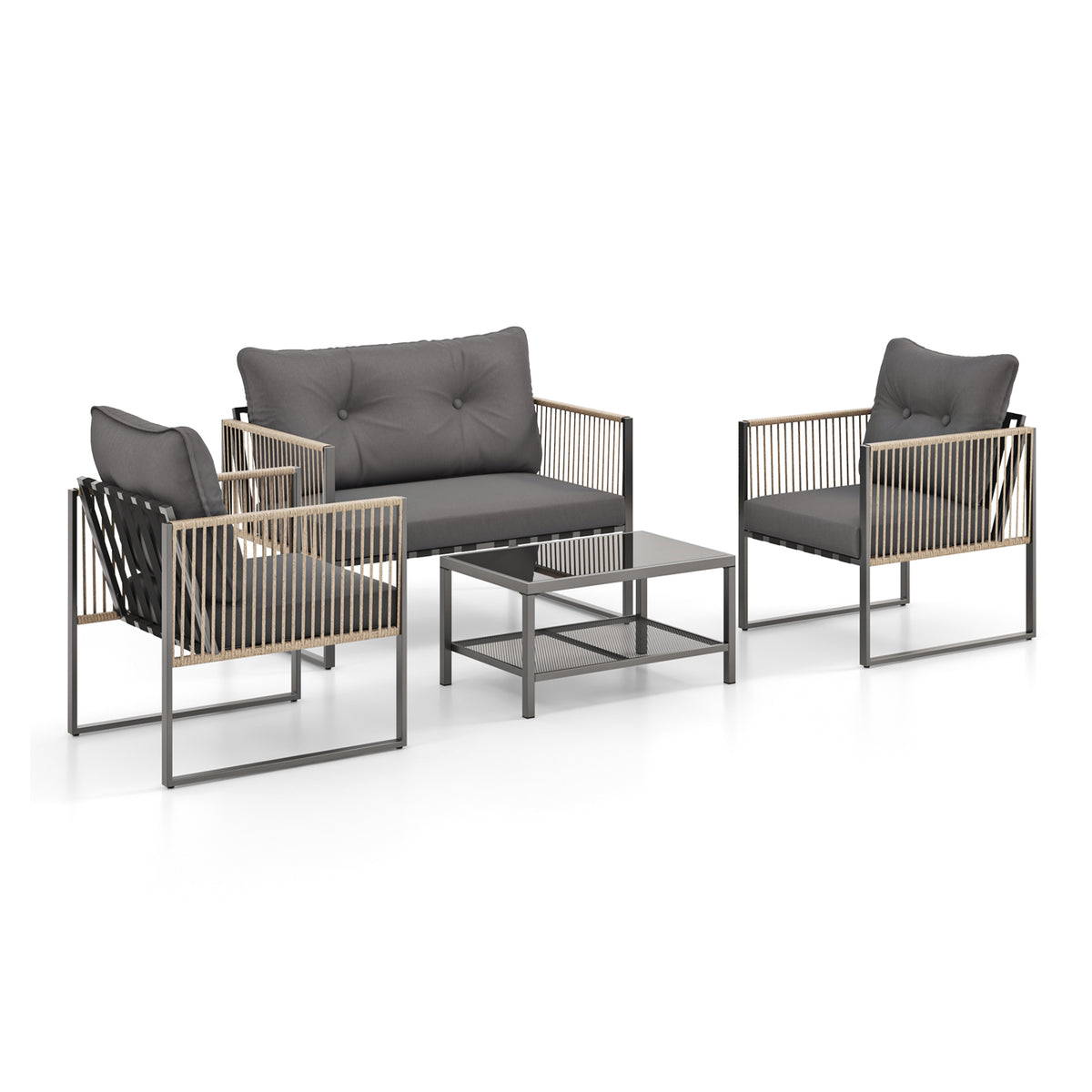 4 Pieces Outdoor PE Rattan Conversation Sofa Set with Cushions
