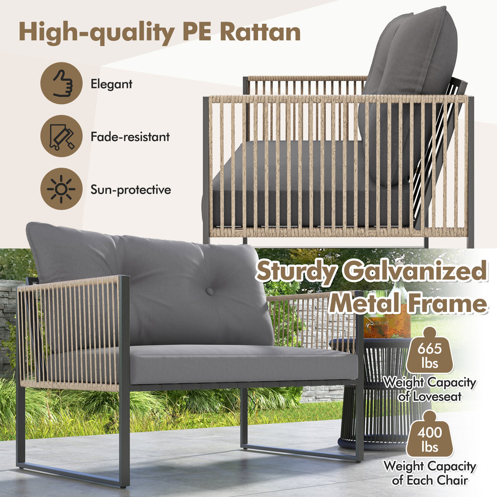 4 Pieces Outdoor PE Rattan Conversation Sofa Set with Cushions