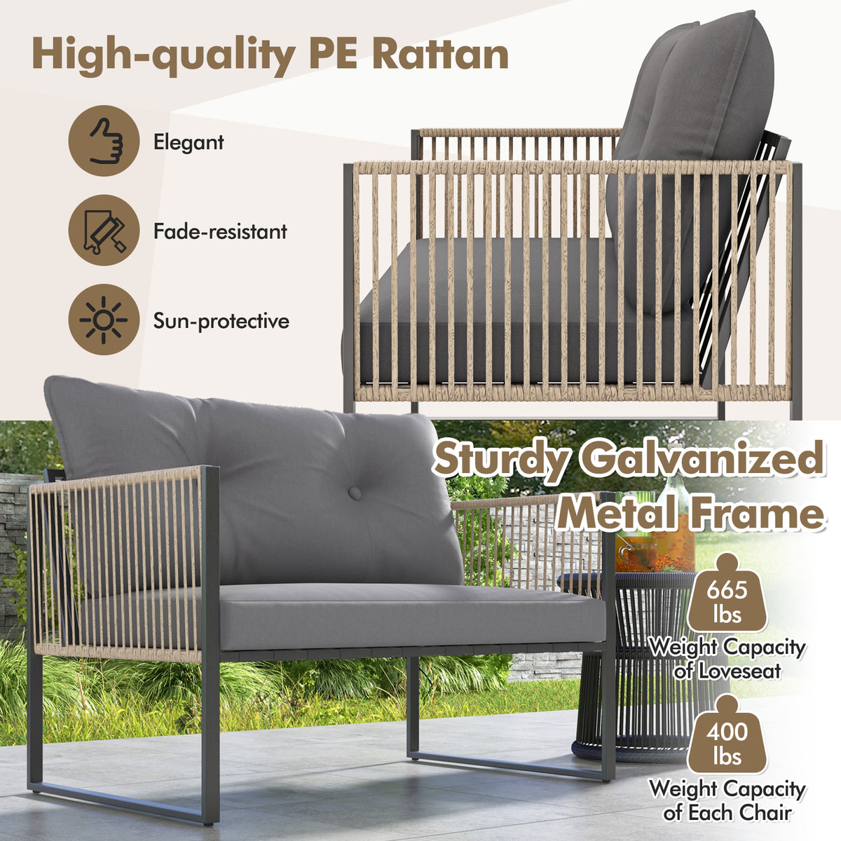 4 Pieces Outdoor PE Rattan Conversation Sofa Set with Cushions