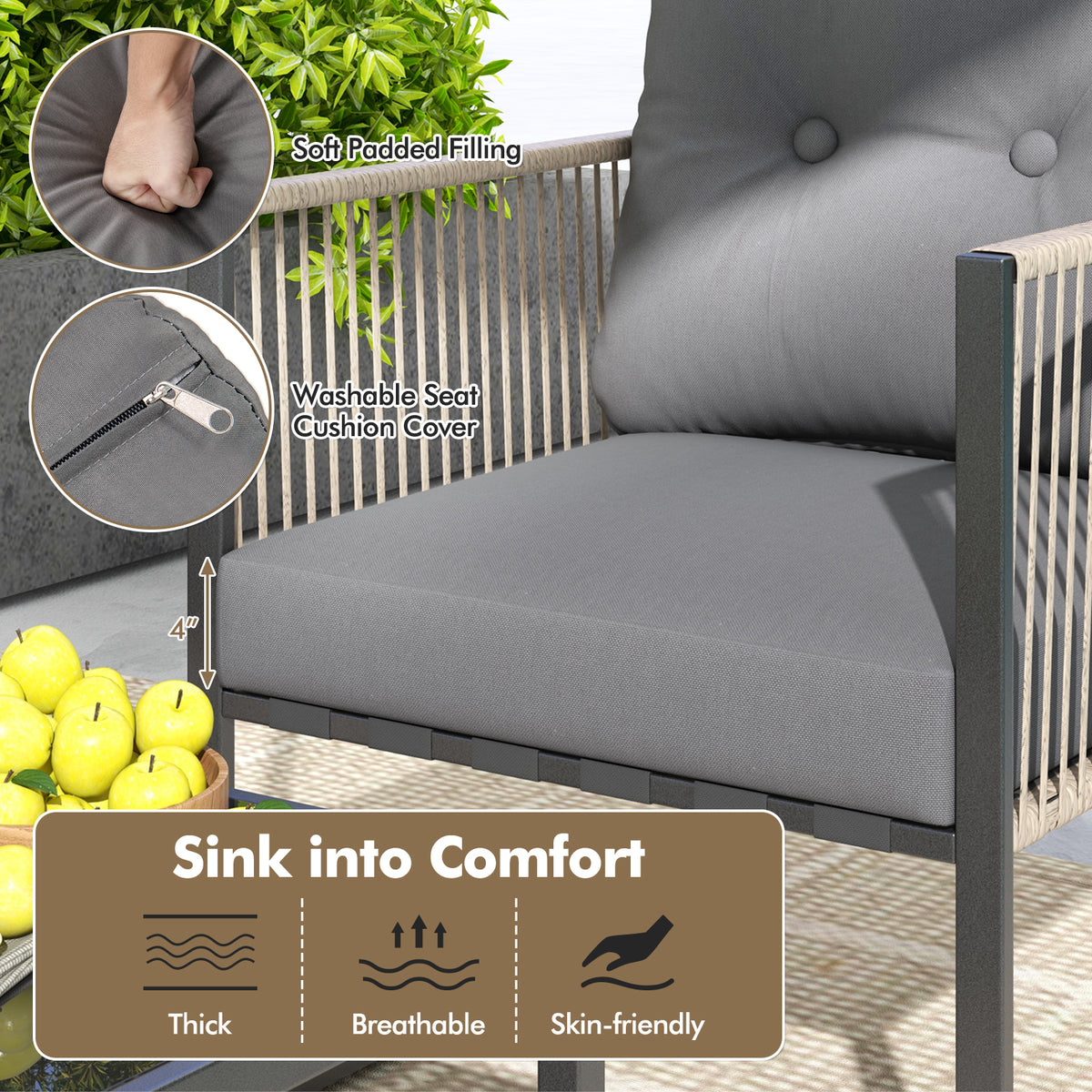 4 Pieces Outdoor PE Rattan Conversation Sofa Set with Cushions
