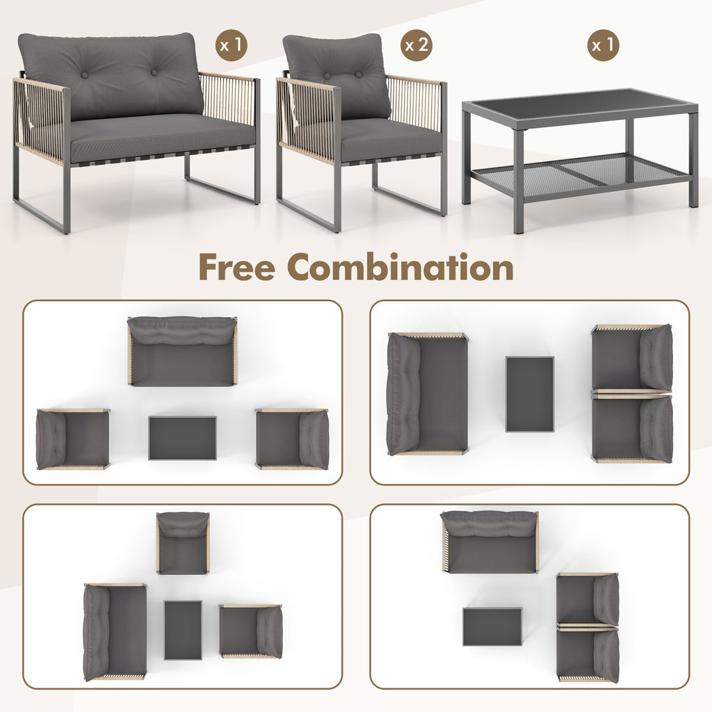 4 Pieces Outdoor PE Rattan Conversation Sofa Set with Cushions