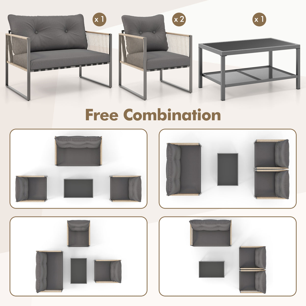 4 Pieces Outdoor PE Rattan Conversation Sofa Set with Cushions