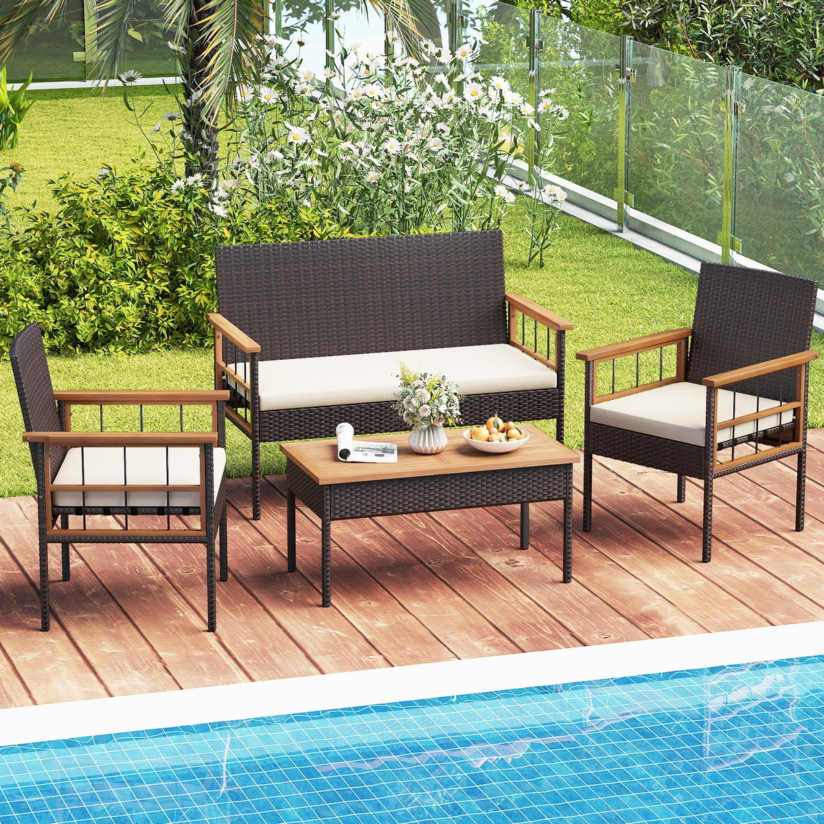 4-Piece Wicker Patio Furniture Set with Acacia Wood Table - White