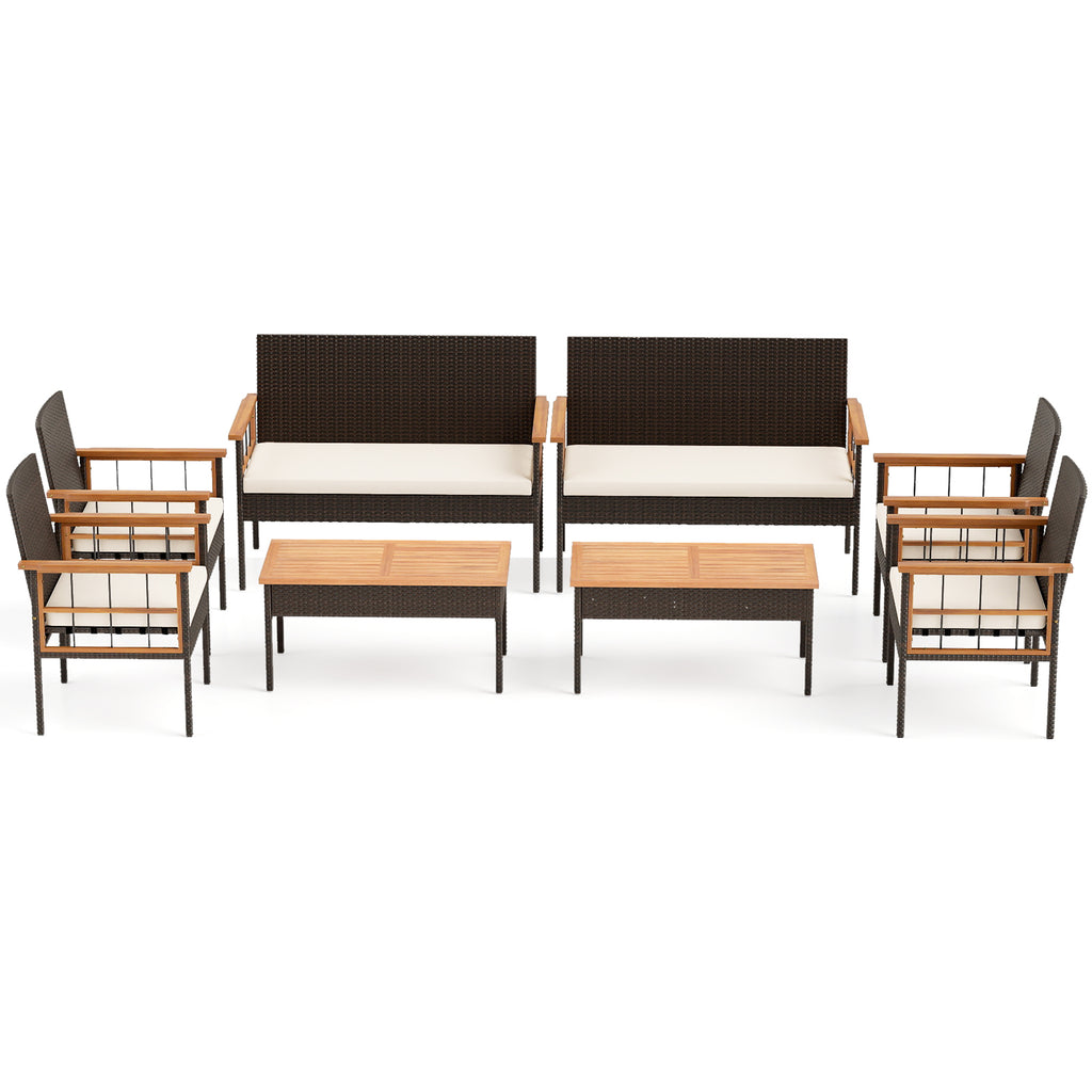 4-Piece Wicker Patio Furniture Set with Acacia Wood Table - White