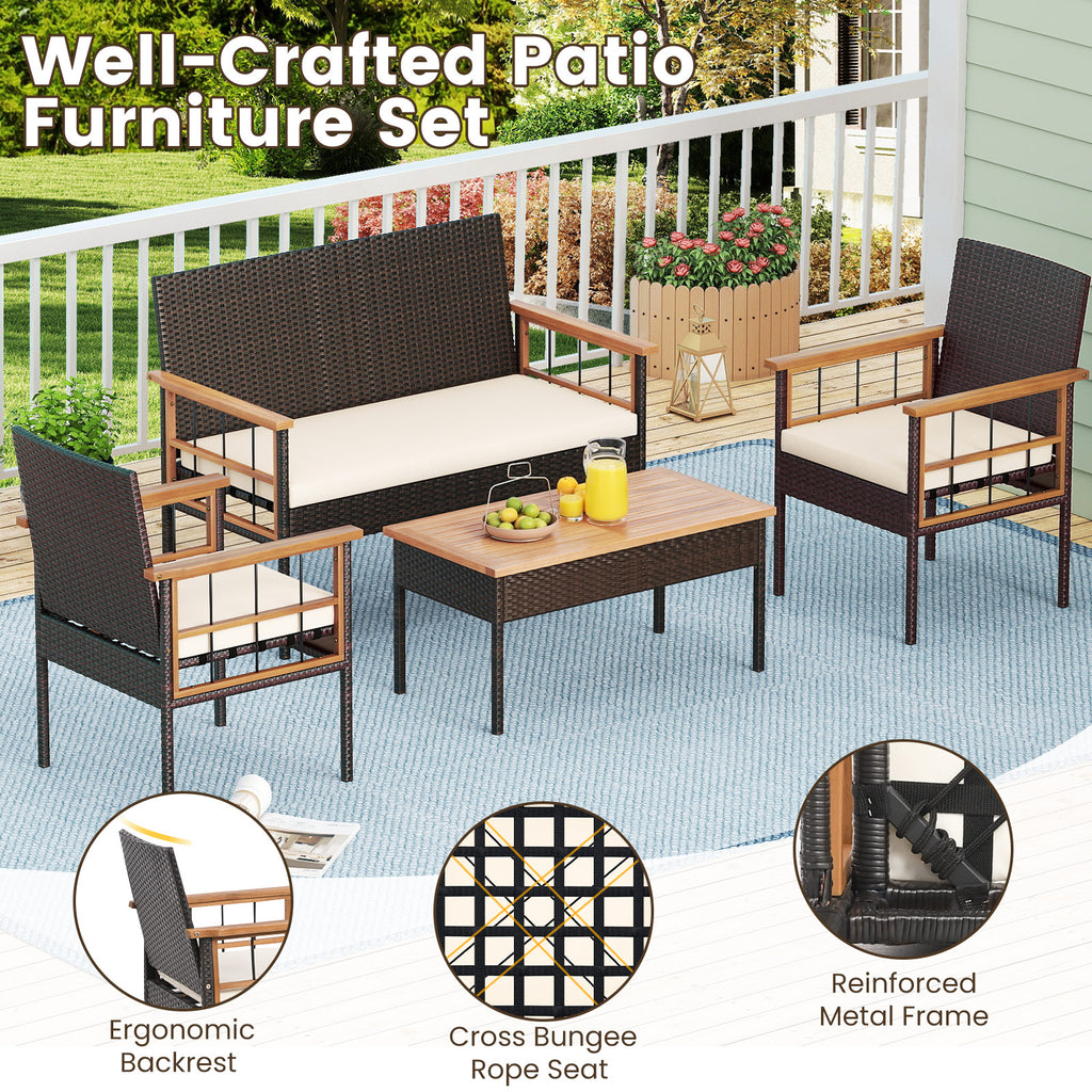 4-Piece Wicker Patio Furniture Set with Acacia Wood Table - White