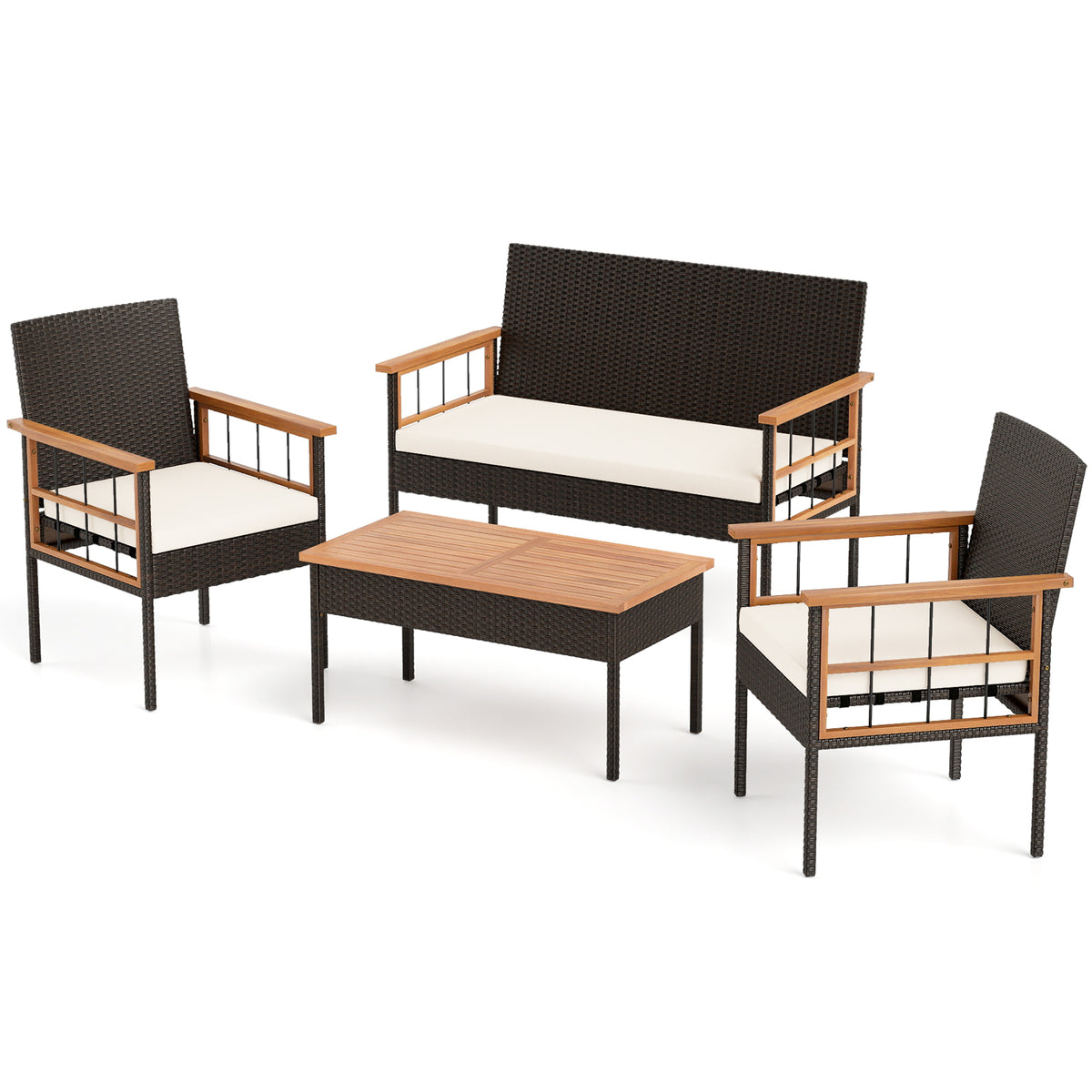 4-Piece Wicker Patio Furniture Set with Acacia Wood Table - White