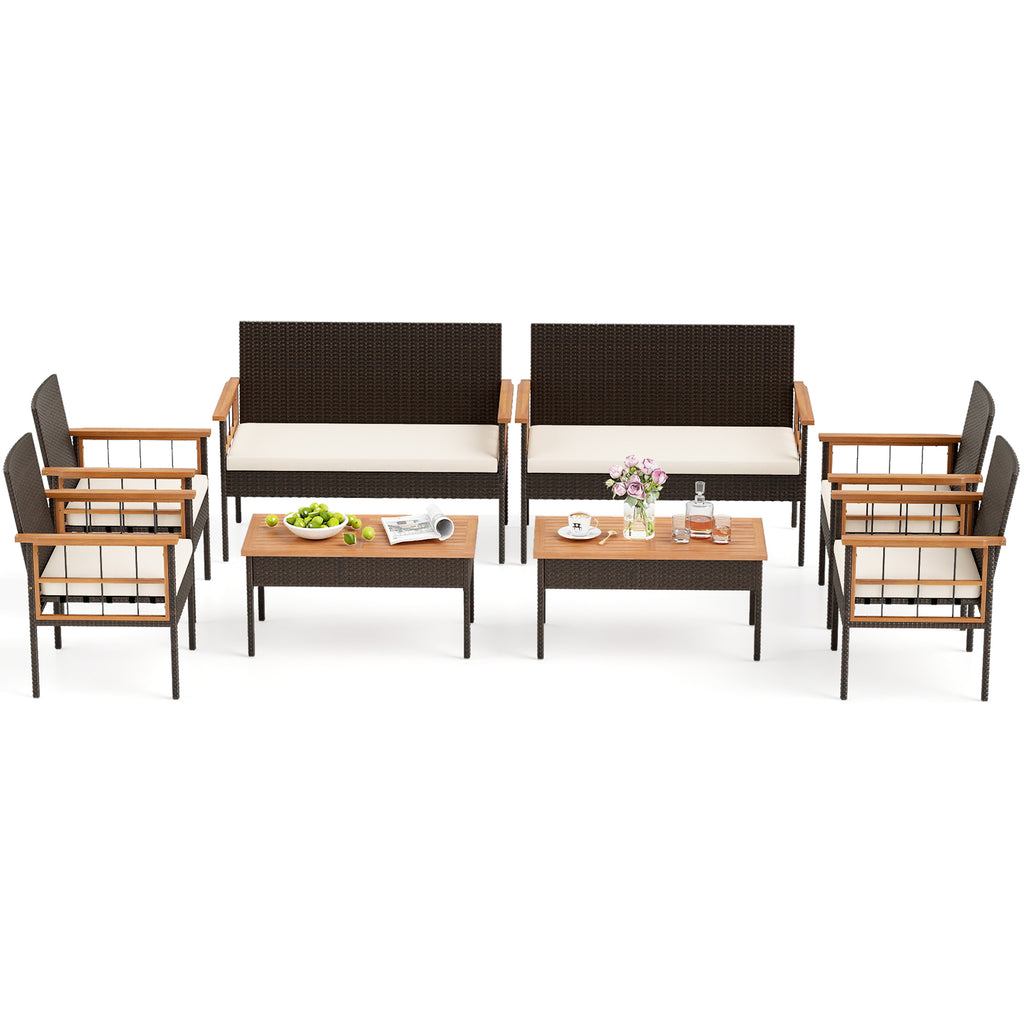 4-Piece Wicker Patio Furniture Set with Acacia Wood Table - White