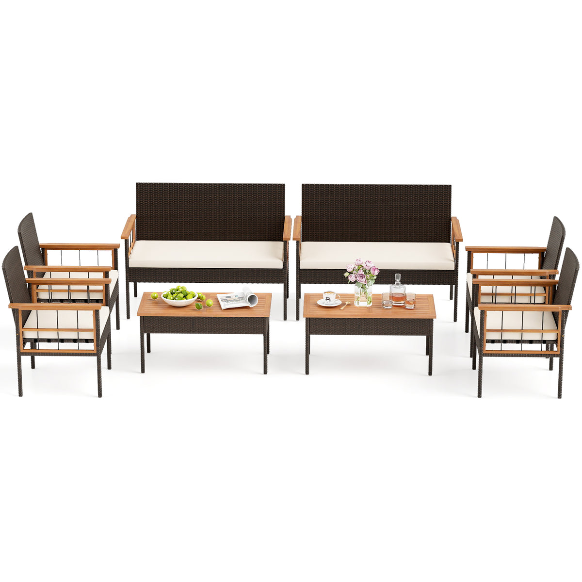 4-Piece Wicker Patio Furniture Set with Acacia Wood Table - White