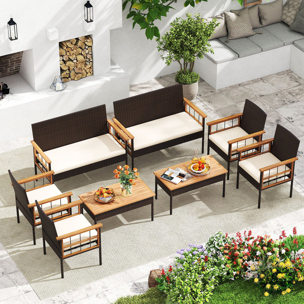 4-Piece Wicker Patio Furniture Set with Acacia Wood Table - White