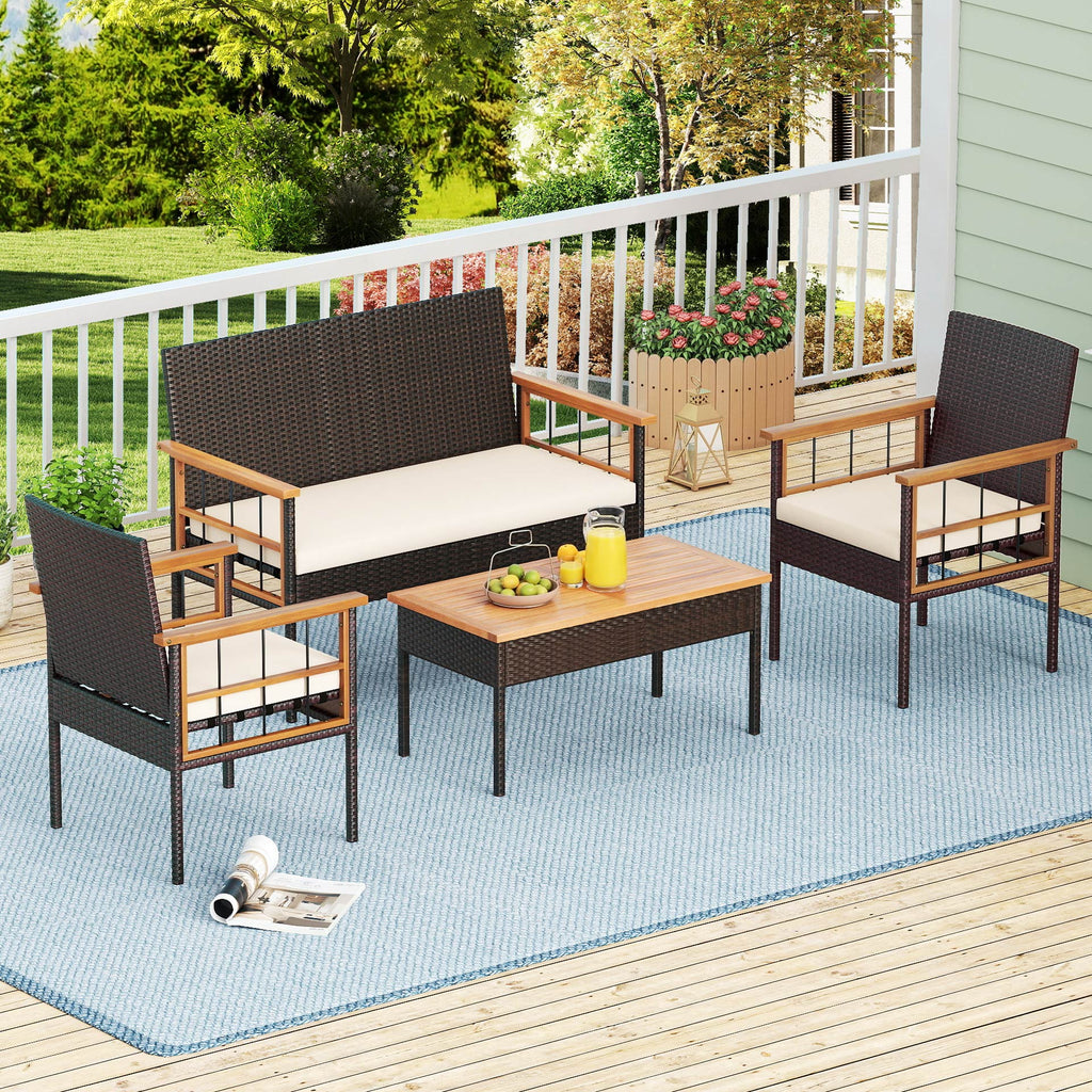 4-Piece Wicker Patio Furniture Set with Acacia Wood Table - White