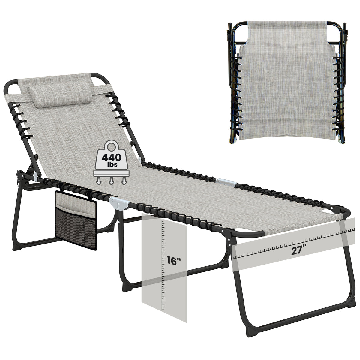 4 Position Folding Lounge Chaise with Adjustable Backrest and Footrest