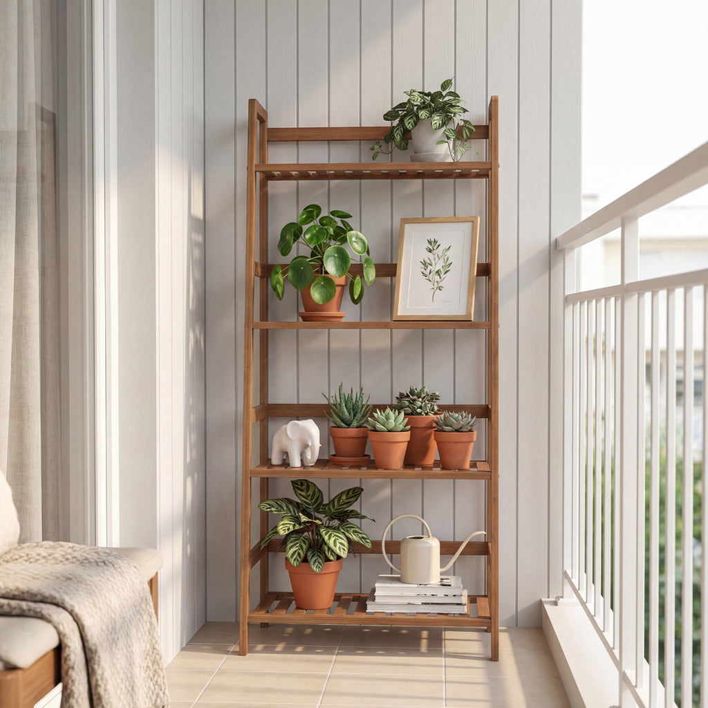 4-Tier Bamboo Plant Rack with Guardrails, Walnut