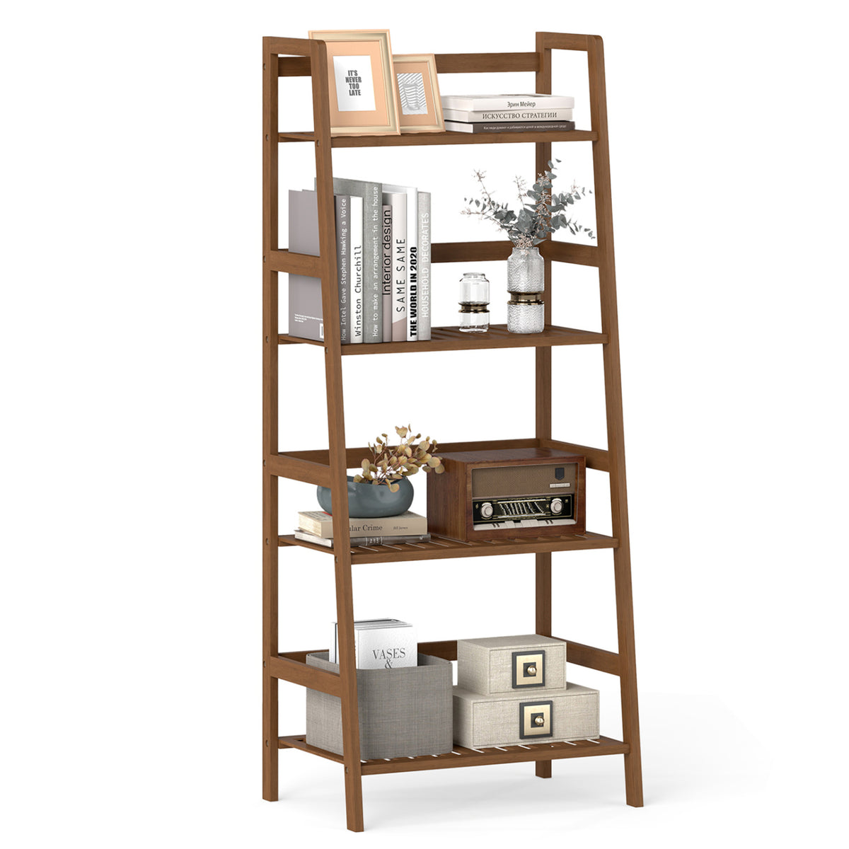 4-Tier Bamboo Plant Rack with Guardrails, Walnut