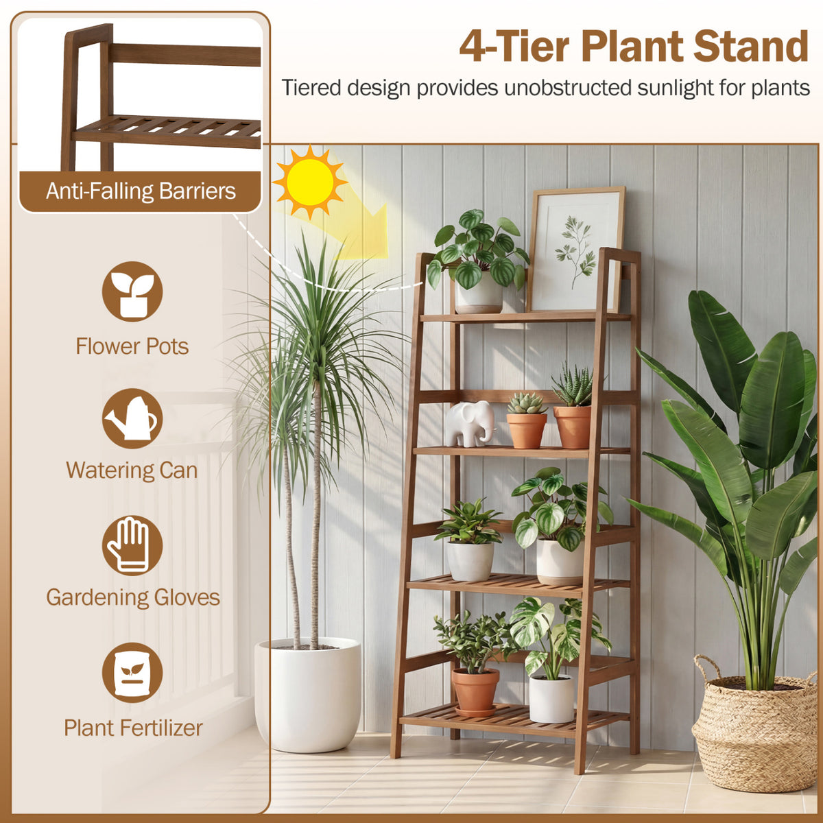 4-Tier Bamboo Plant Rack with Guardrails, Walnut