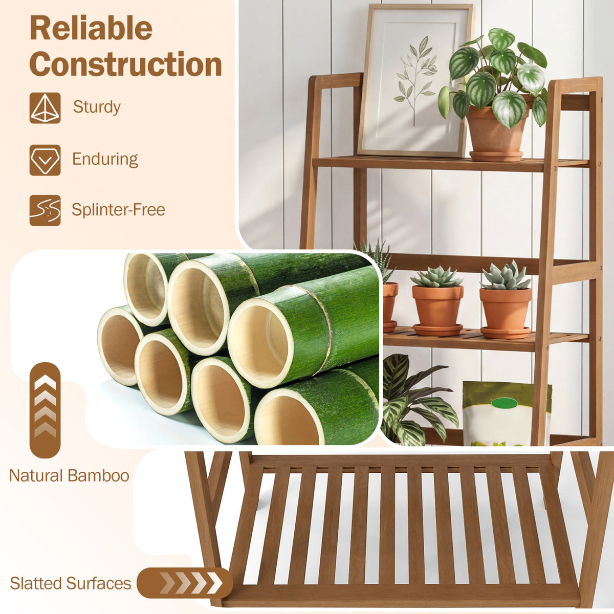4-Tier Bamboo Plant Rack with Guardrails, Walnut
