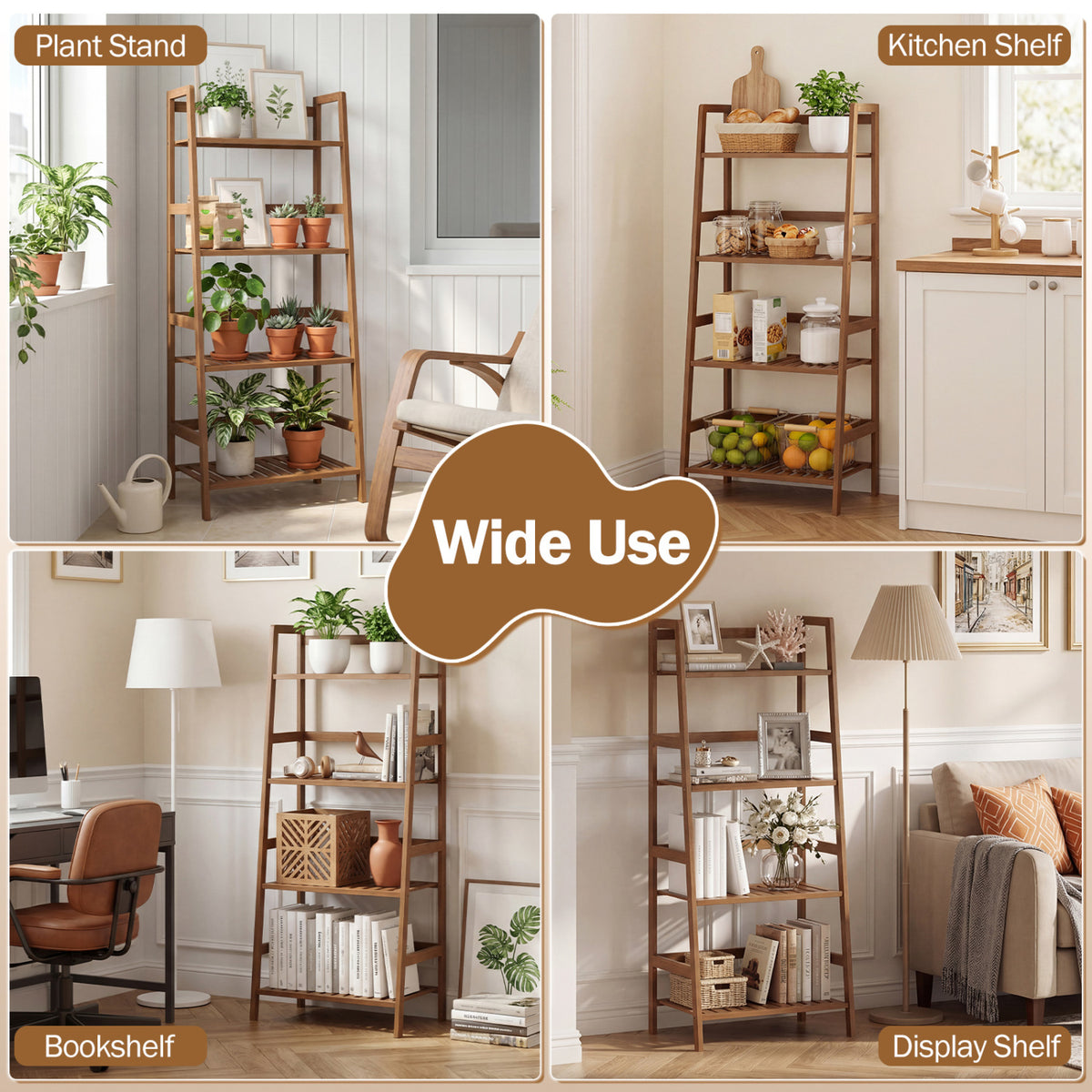 4-Tier Bamboo Plant Rack with Guardrails, Walnut