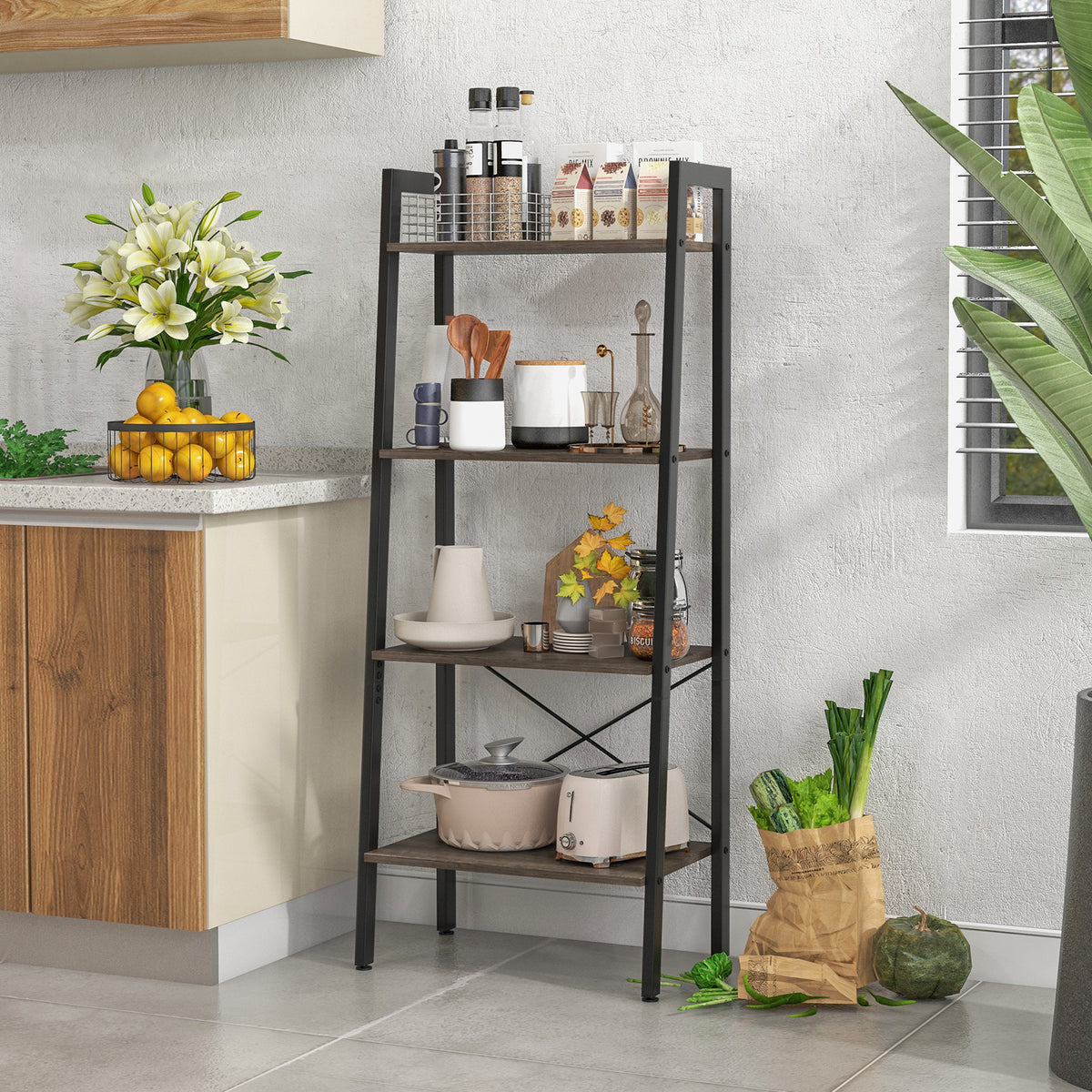 4-Tier Bookshelf with Metal Frame and Adjustable Foot Pads