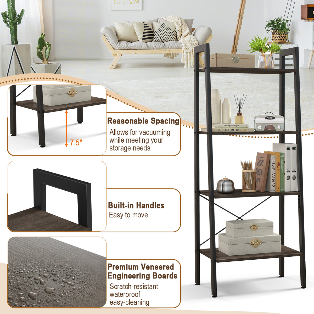 4-Tier Bookshelf with Metal Frame and Adjustable Foot Pads