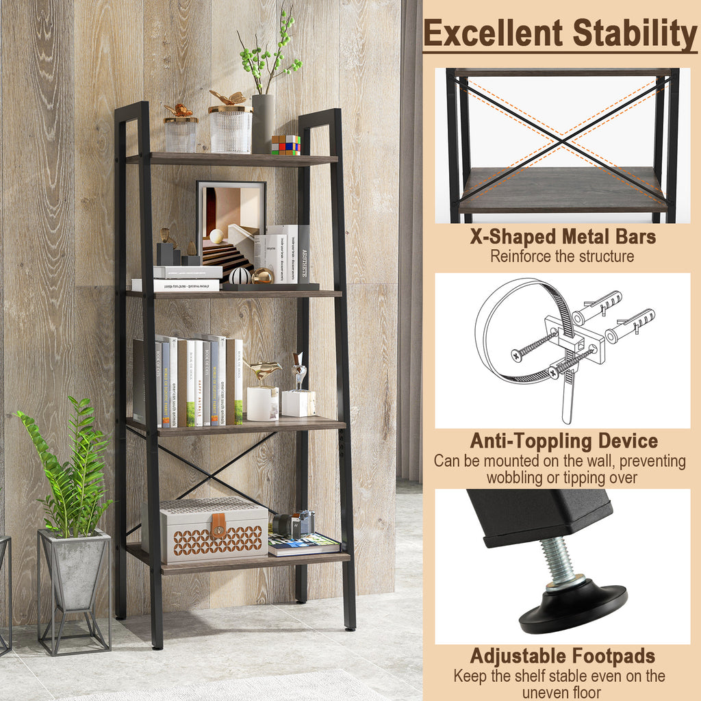4-Tier Bookshelf with Metal Frame and Adjustable Foot Pads