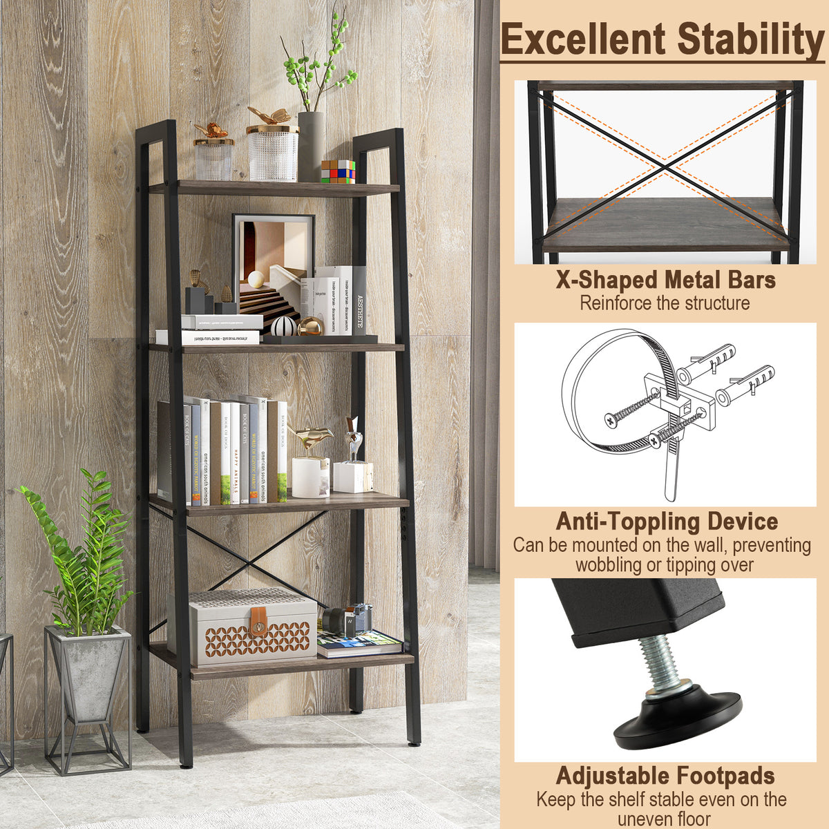 4-Tier Bookshelf with Metal Frame and Adjustable Foot Pads