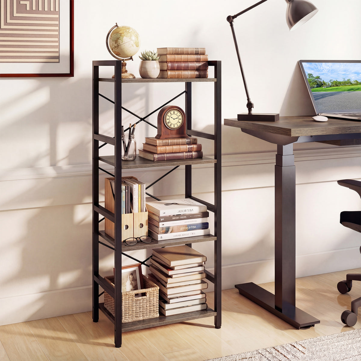 4-Tier Bookshelf with Metal Frame - Oak