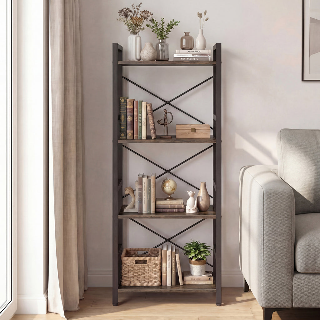 4-Tier Bookshelf with Metal Frame - Oak