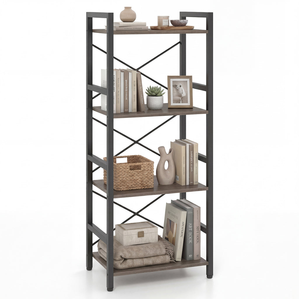 4-Tier Bookshelf with Metal Frame - Oak