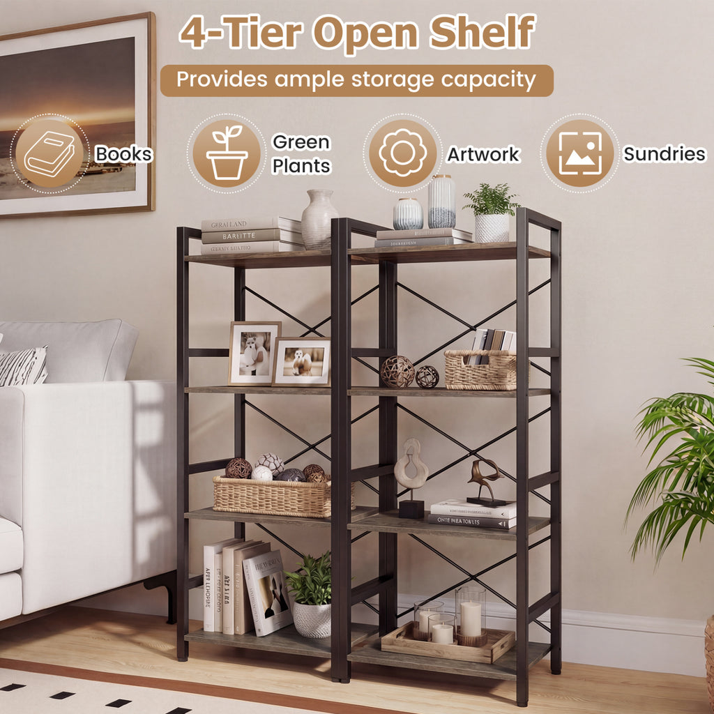 4-Tier Bookshelf with Metal Frame - Oak