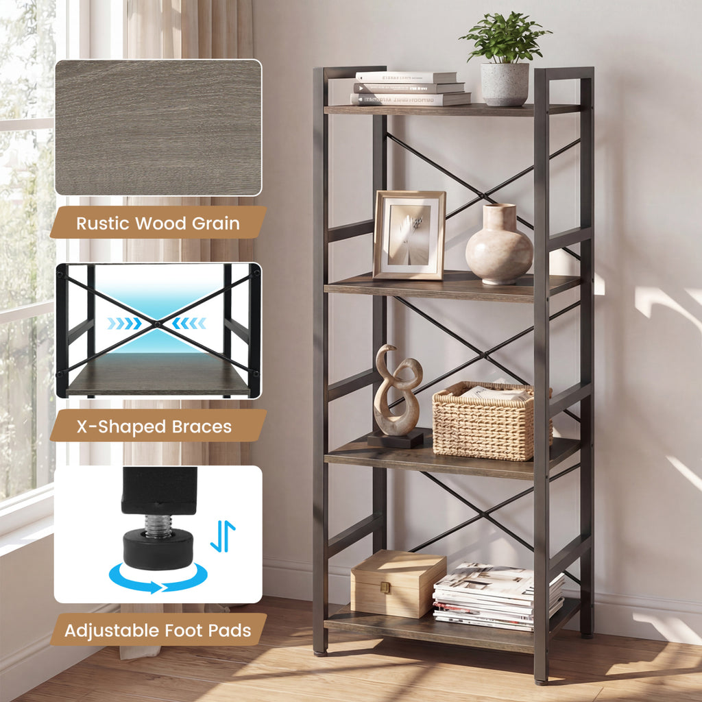4-Tier Bookshelf with Metal Frame - Oak