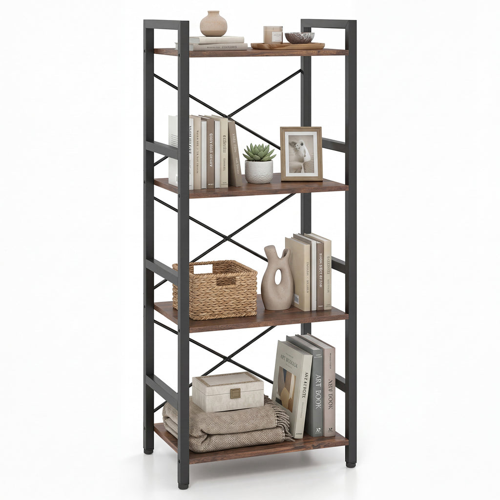 4-Tier Bookshelf with Metal Frame - Oak