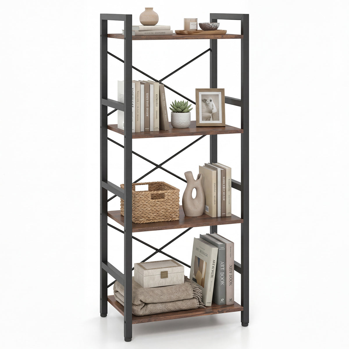 4-Tier Bookshelf with Metal Frame - Oak
