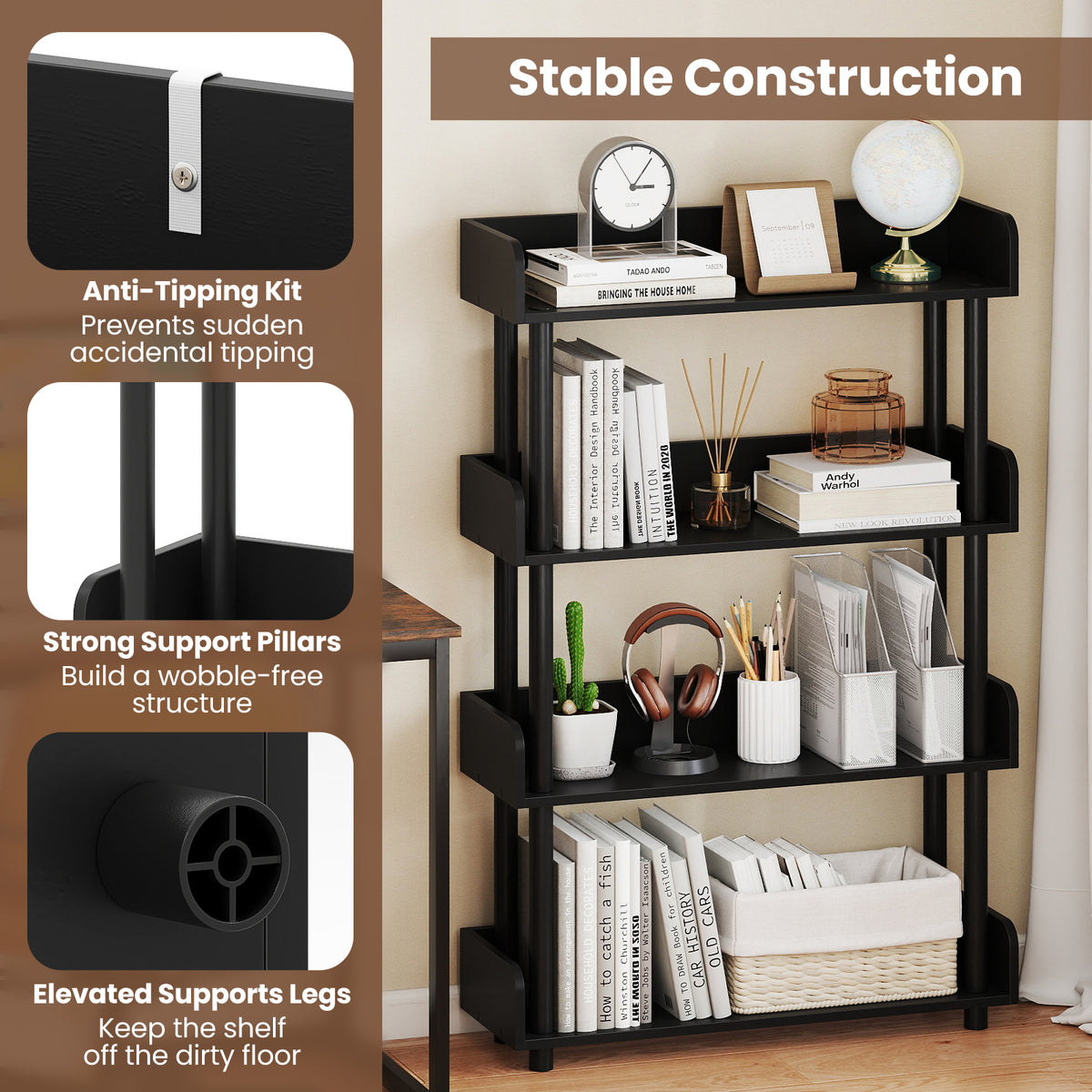 4-Tier Bookshelf Open Bookcase with Anti-Tipping Kit Industrial