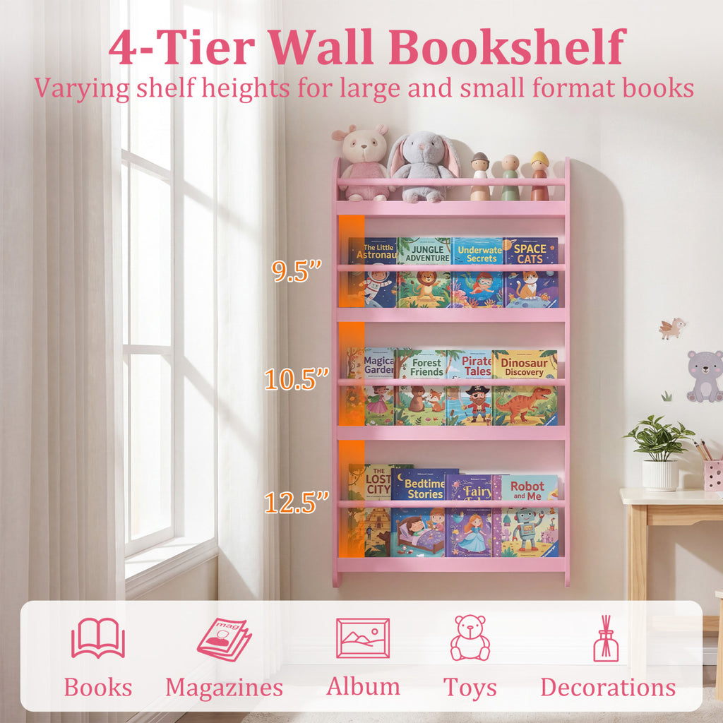 4-Tier Wall Bookshelf Organizer - Pink