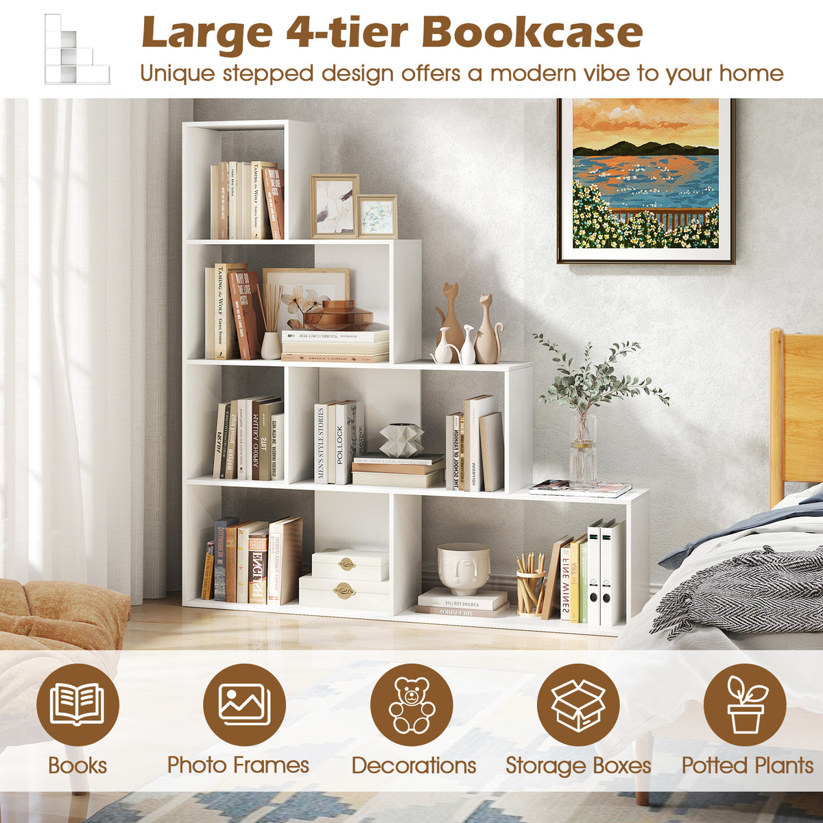 4-Tier Stepped Bookshelf Freestanding Ladder Storage Shelf with 6