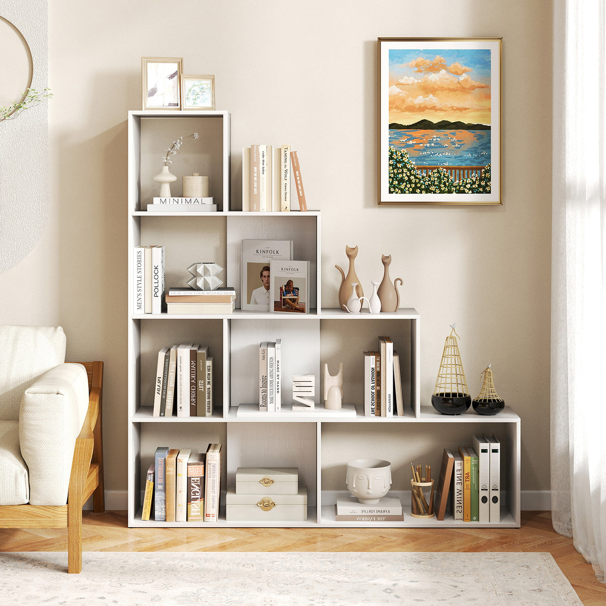 4-Tier Stepped Bookshelf Freestanding Ladder Storage Shelf with 6