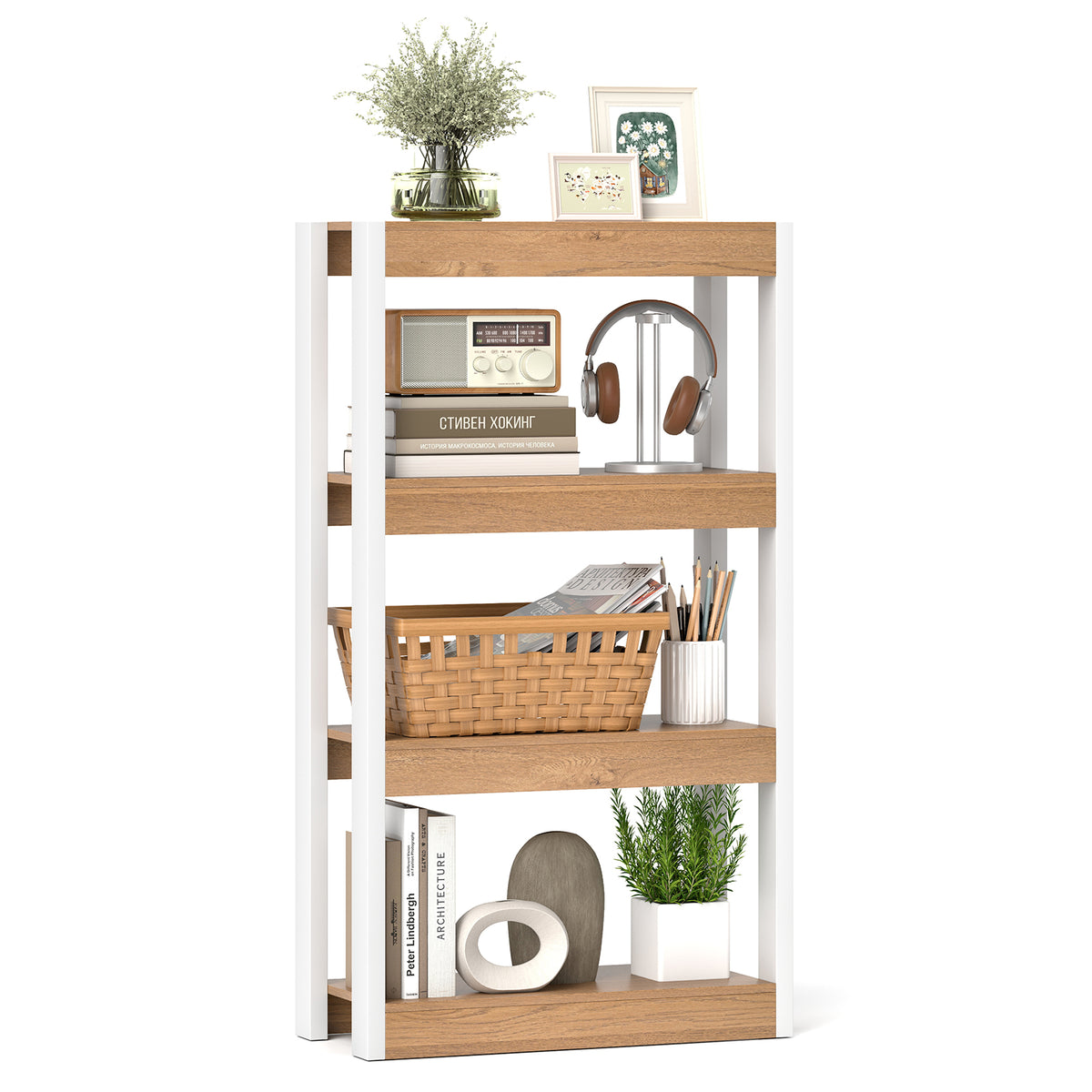 4 Tier Bookshelf Wooden Bookcase with Dual Anti-Tipping Kits