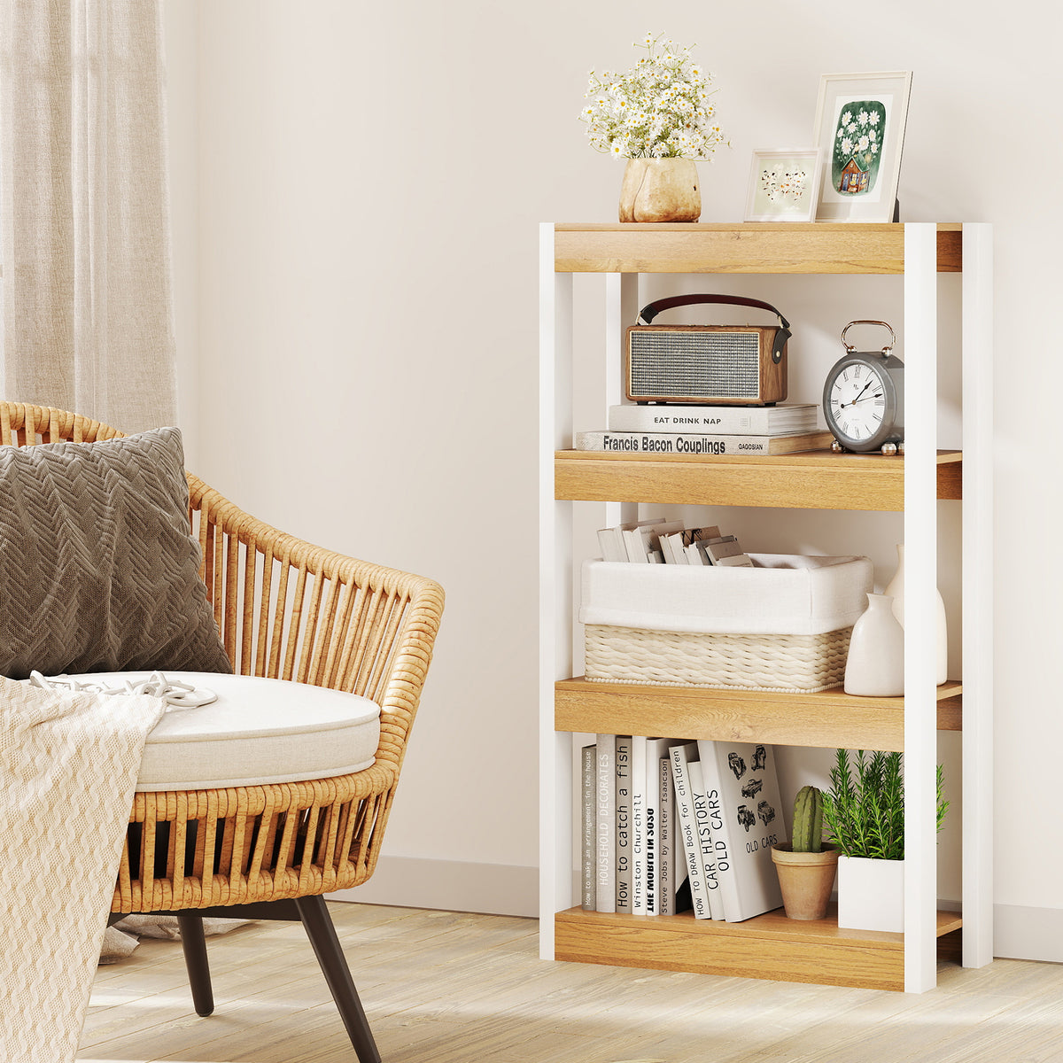 4 Tier Bookshelf Wooden Bookcase with Dual Anti-Tipping Kits