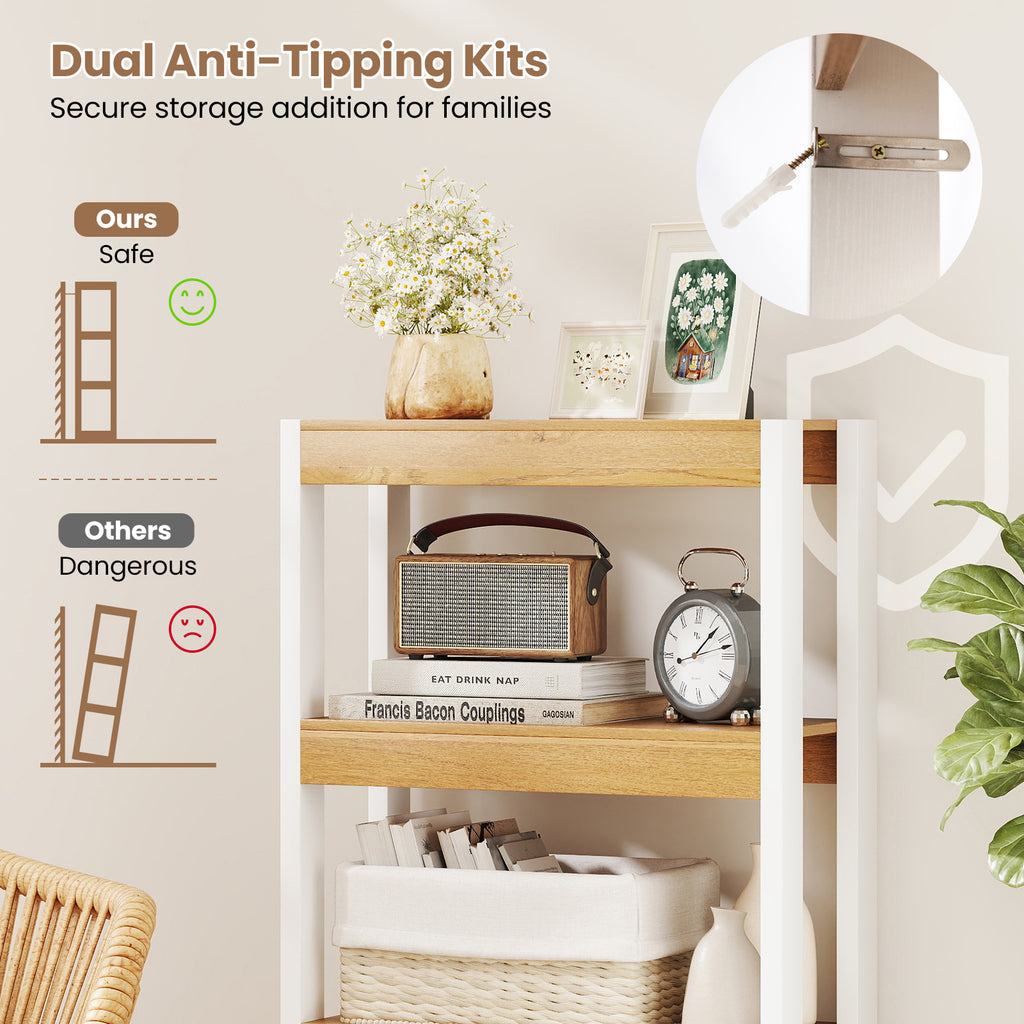 4 Tier Bookshelf Wooden Bookcase with Dual Anti-Tipping Kits