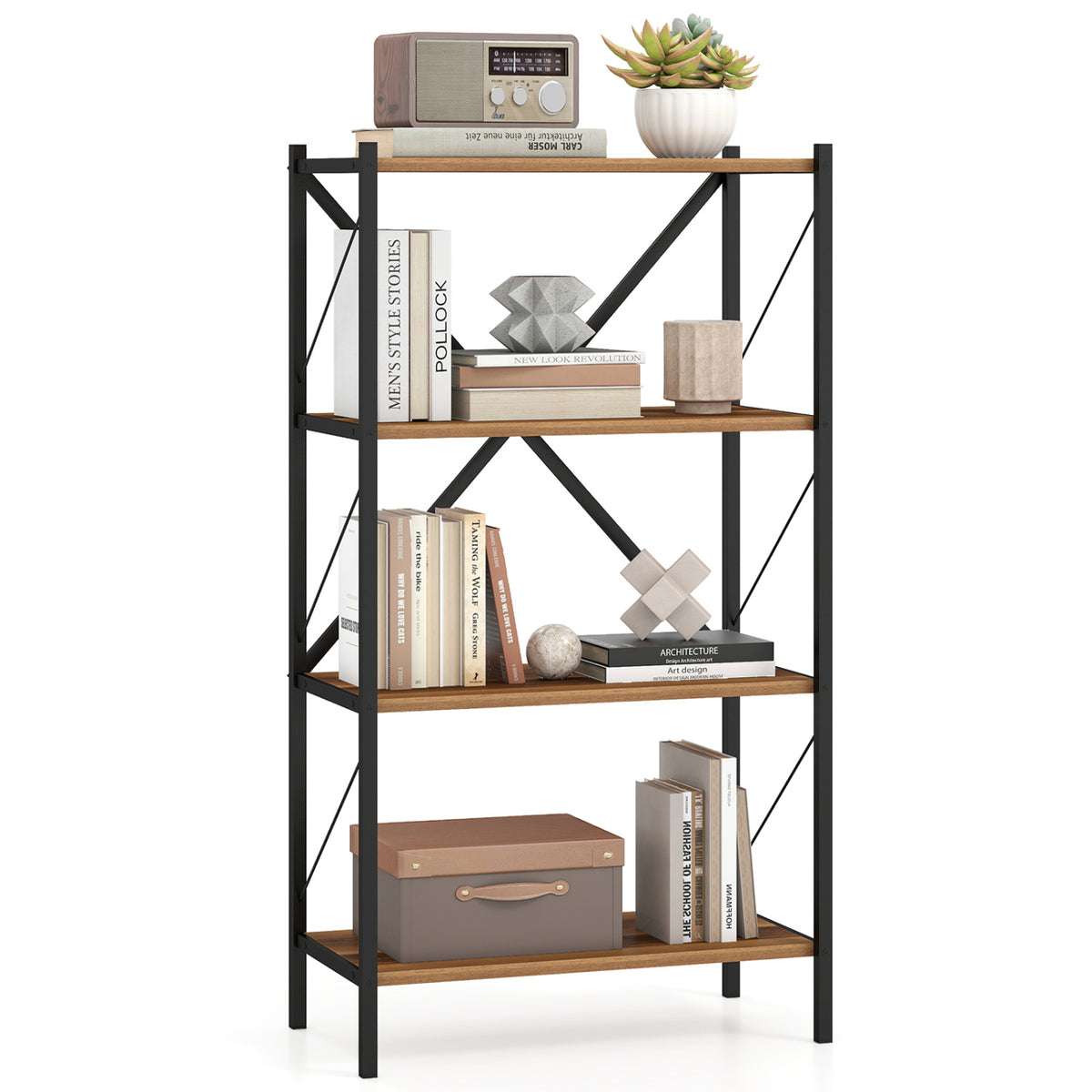4-Tier Bookshelf with Metal Frame - Walnut