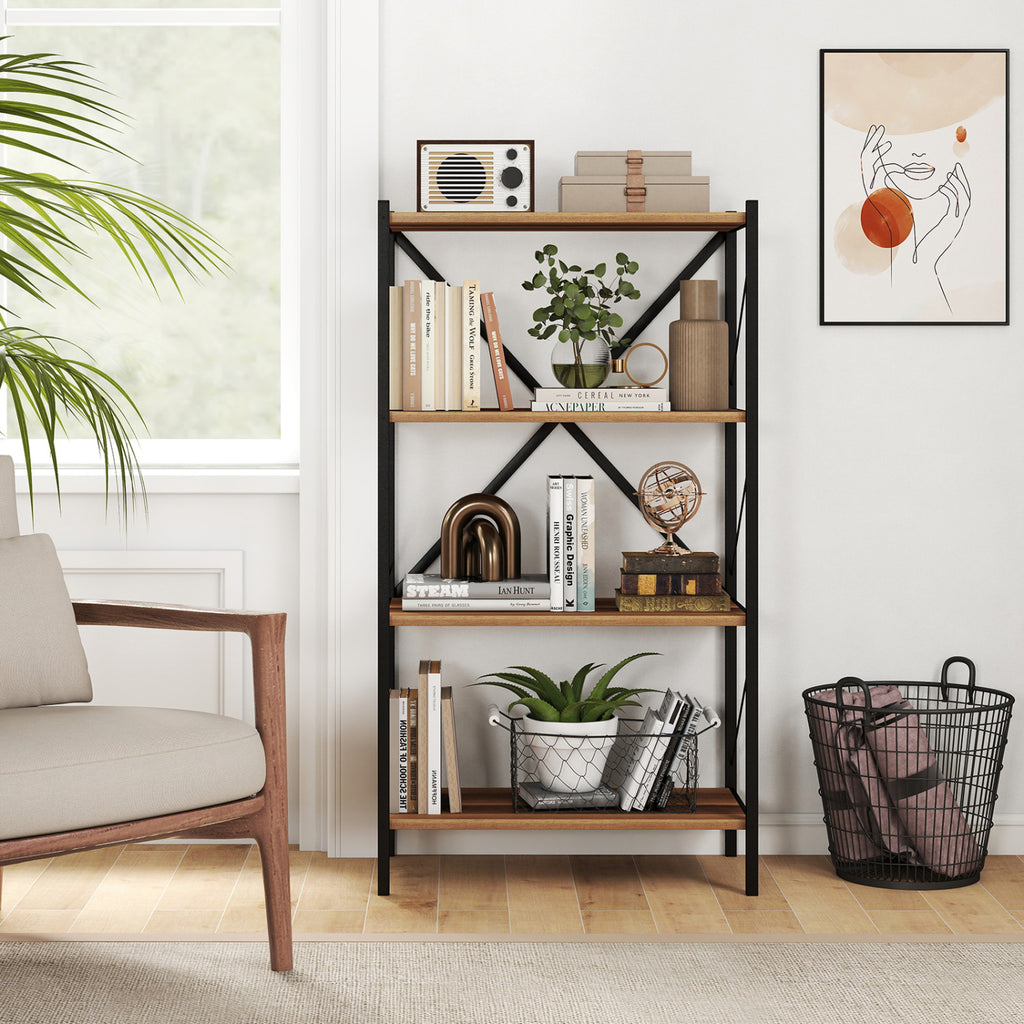 4-Tier Bookshelf with Metal Frame - Walnut