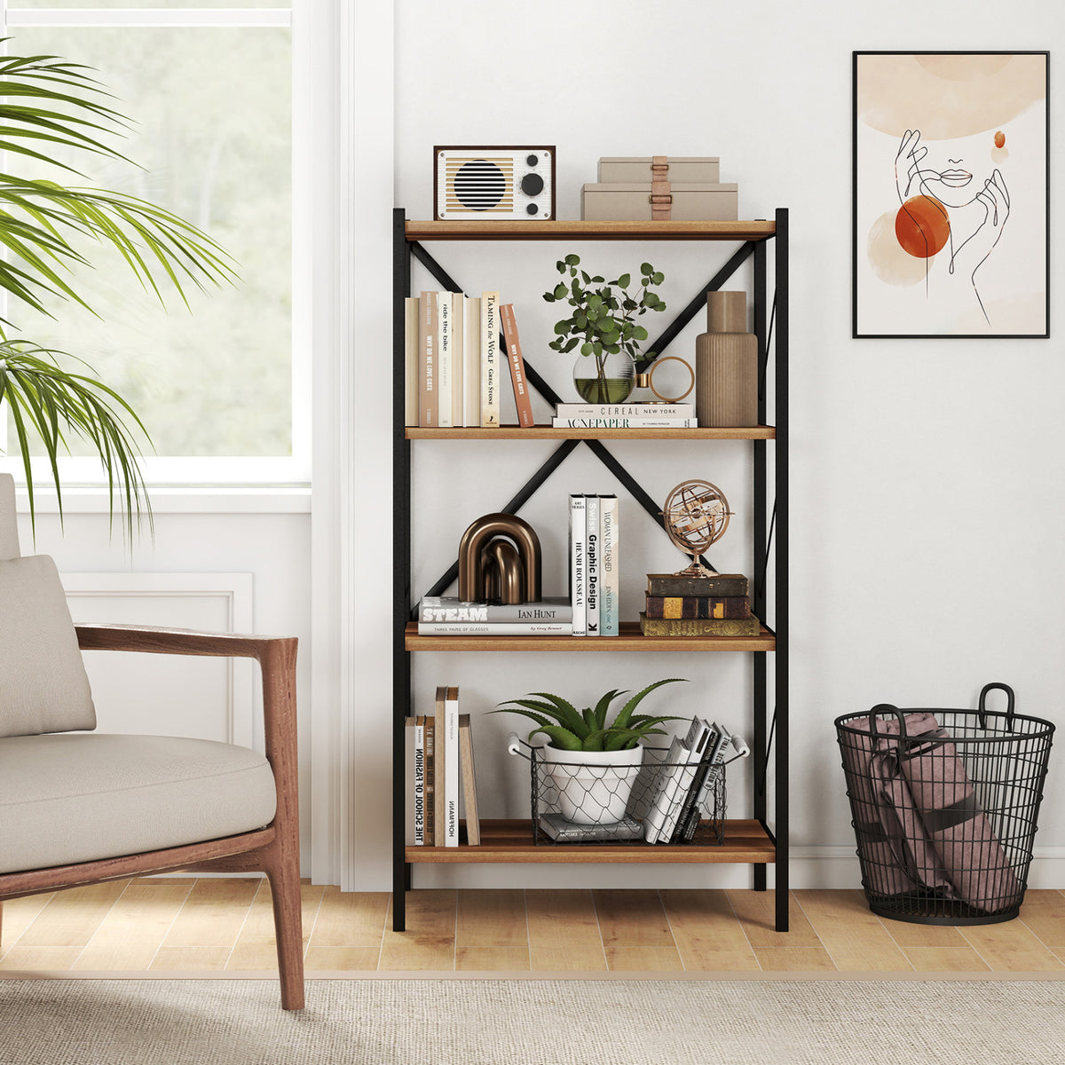 4-Tier Bookshelf with Metal Frame - Walnut