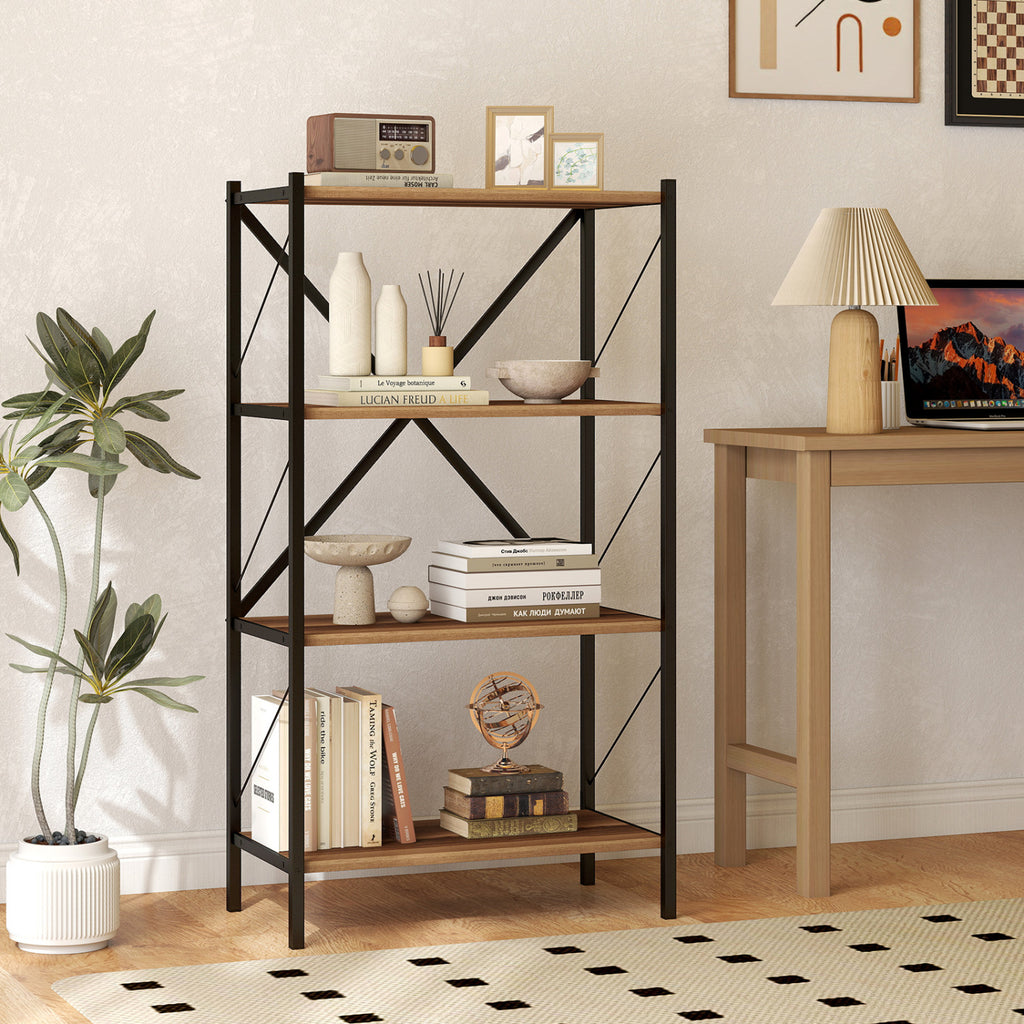 4-Tier Bookshelf with Metal Frame - Walnut