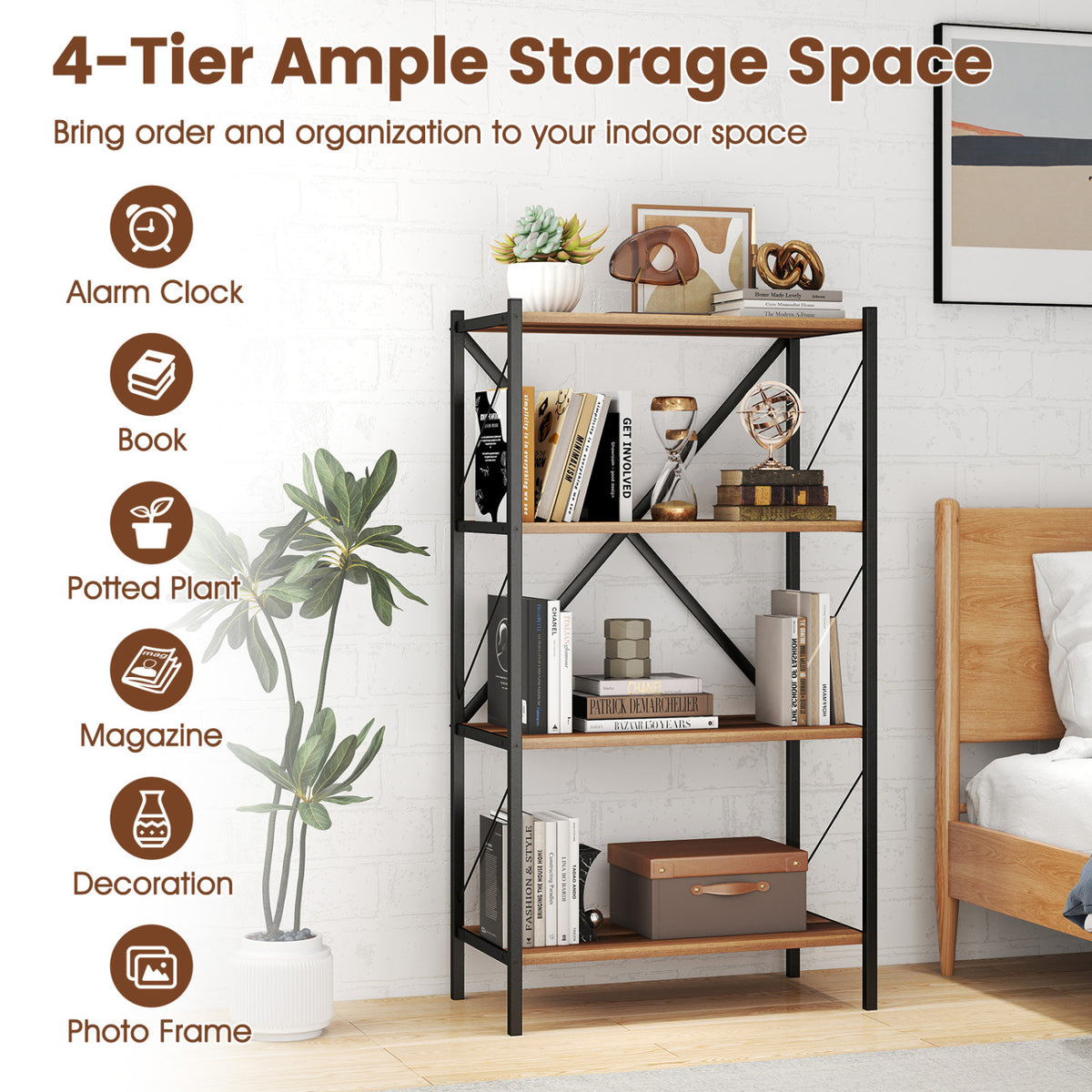 4-Tier Bookshelf with Metal Frame - Walnut