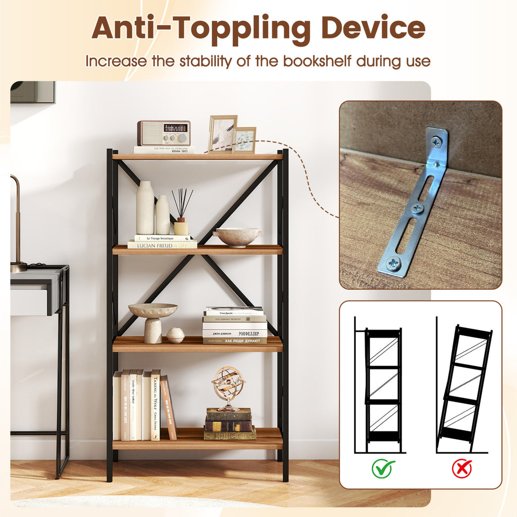 4-Tier Bookshelf with Metal Frame - Walnut