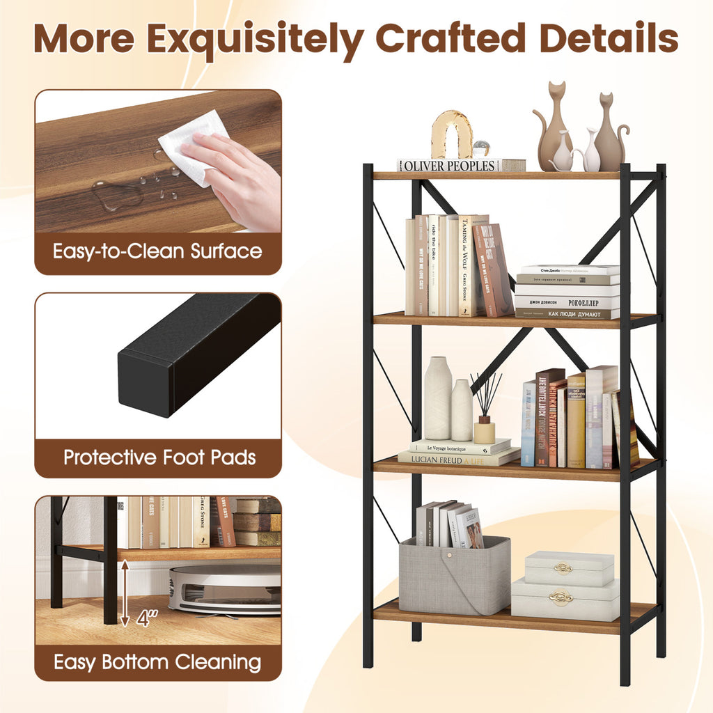 4-Tier Bookshelf with Metal Frame - Walnut